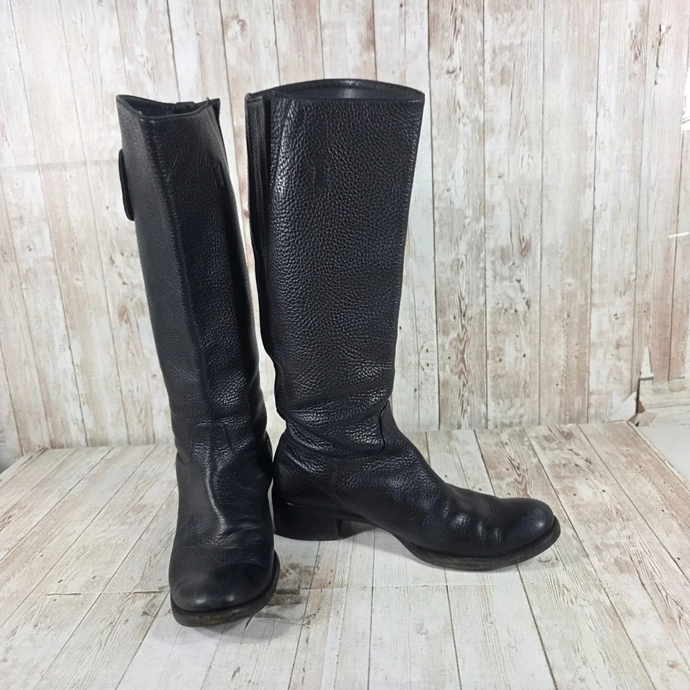 Tory Burch Black Pebbled‎ Leather Tall Riding Boots Logo Medallion Womens 7M